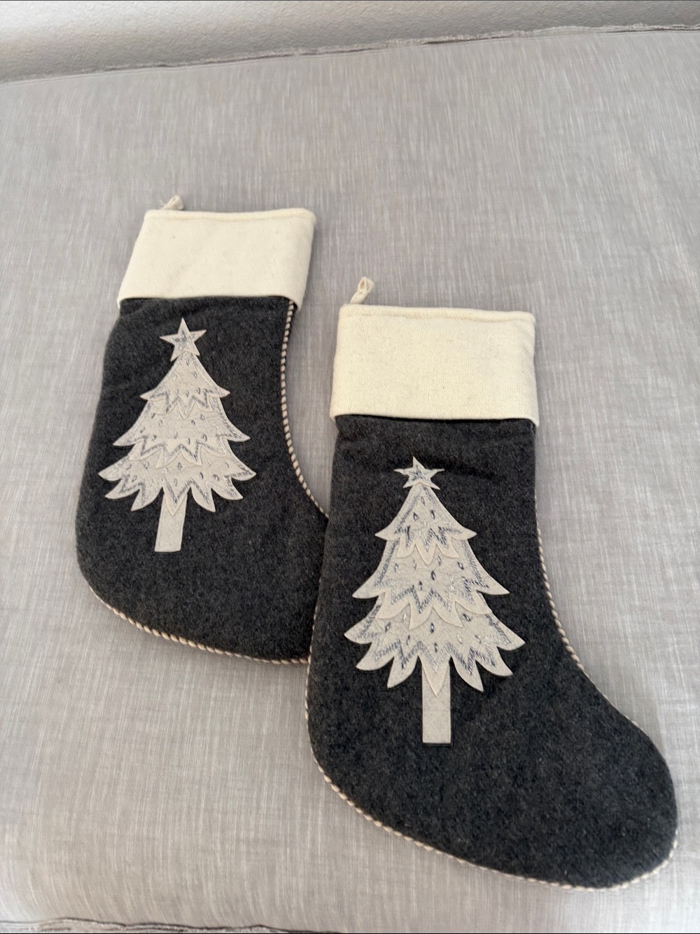2- Holiday Felt Christmas Stocking Set in Charcoal and Cream